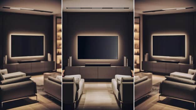A split screen comparing a luxurious home theater setup with a large screen TV and comfortable seating on one side, and a crowded movie theater with popcorn and large screen on the other. The image visually represents the choice between home viewing and the theatrical experience.