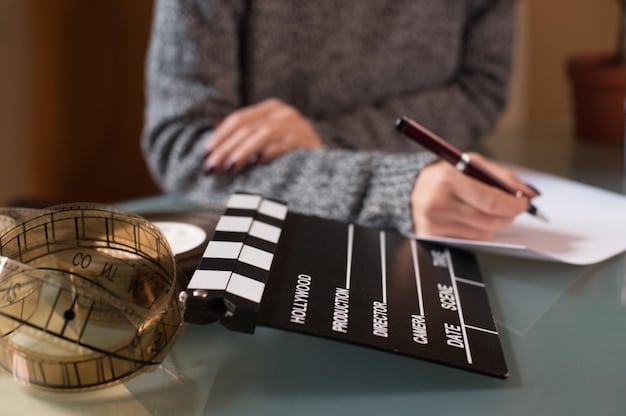 A close-up shot of a film producer reviewing financial documents related to movie production costs, with a calculator and tax forms visible in the background, symbolizing the financial planning involved in film production.