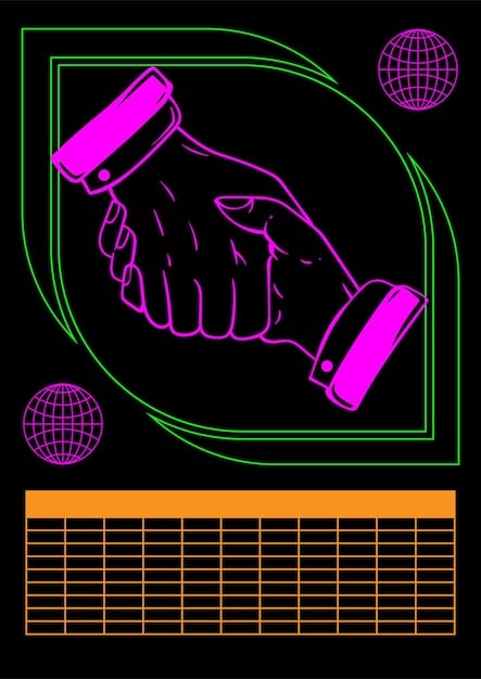 A digital illustration depicting two hands shaking, symbolizing a licensing agreement, with movie reels and streaming icons floating around them. The background is a grid pattern, representing the complex network of copyright law.