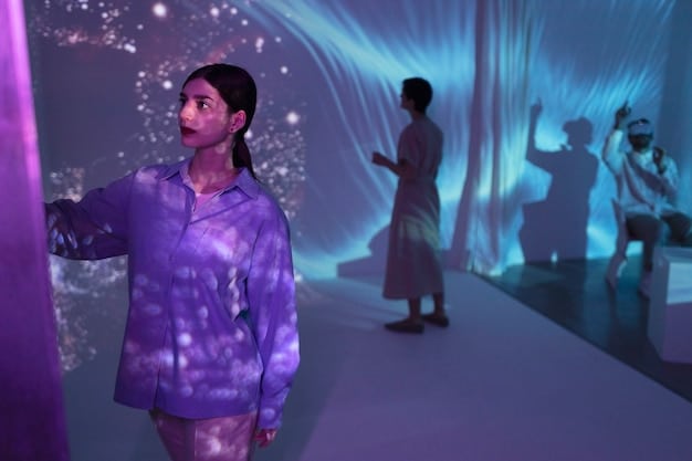 A person interacts with a holographic movie character using AR technology superimposed on a living room environment. The hologram is detailed and appears to react to the user's gestures.