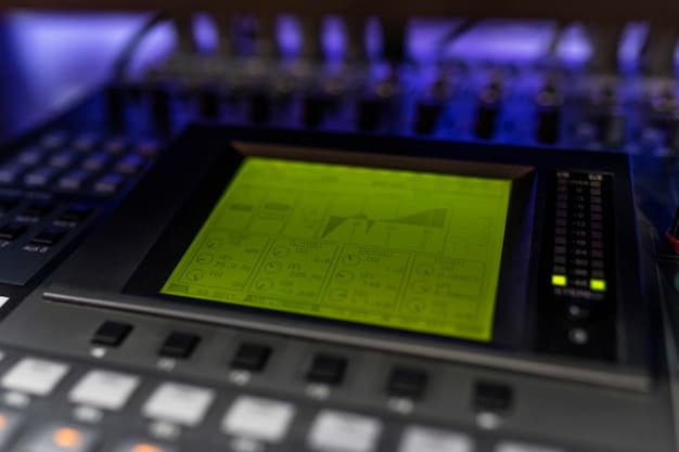 A close-up of a complex music mixing console in a recording studio. Knobs, faders, and screens indicate the detailed process of audio engineering involved in creating a film score.