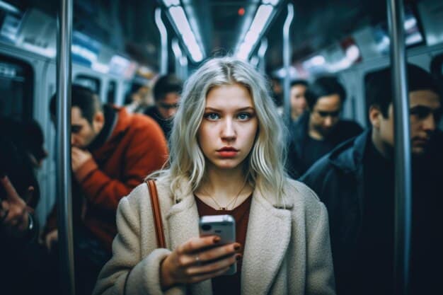 A close-up shot of a stressed person's face while looking at a movie ticket with a high price tag displayed on a mobile app. The background is blurred, suggesting a crowded urban environment.