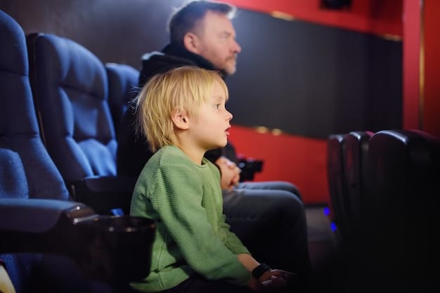 A split screen. On one side, a family joyfully watches a movie together in a modern home theater. On the other side, an empty movie theater with few patrons is visible.