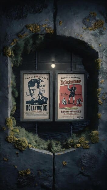 Close-up of a classic movie poster, slightly faded, hanging on the wall of an independent movie theater. The details of the poster are visible, showcasing a retro film design.