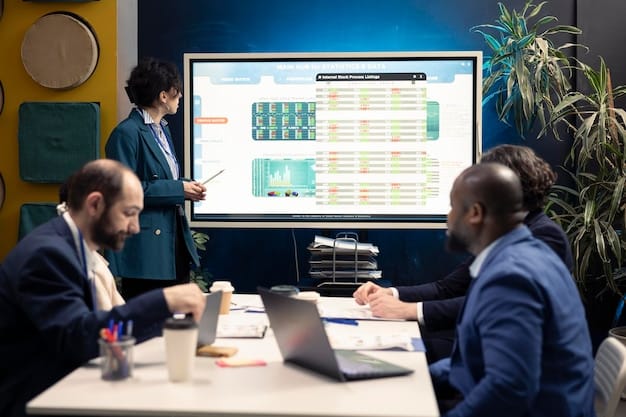 A group of studio executives in a brightly lit boardroom, poring over financial spreadsheets and marketing reports, with large screens displaying box office performance charts.