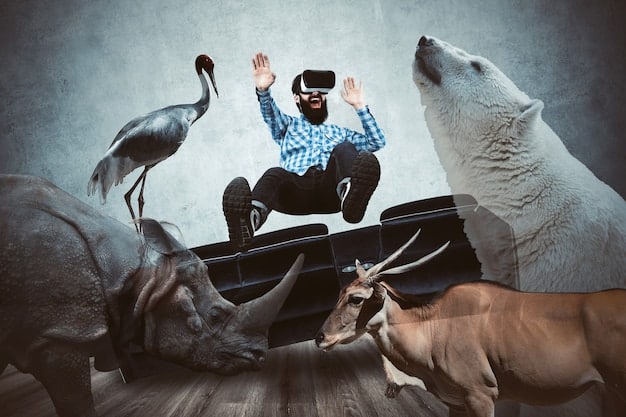 A person wearing a VR headset, fully immersed in a virtual reality movie trailer that surrounds them with scenes and characters from the film.