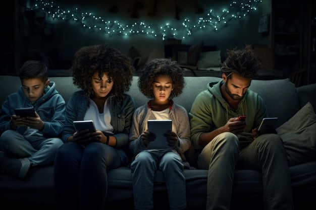A person sitting on a couch, surrounded by multiple devices (tablet, laptop, phone), each displaying a different streaming service interface, illustrating the abundance of choices.