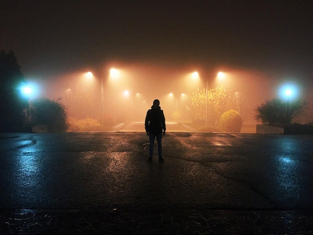 A wide shot of a character standing alone on a foggy street, shot from a high angle, emphasizing their isolation and vulnerability. The dim lighting and mysterious atmosphere enhance the sense of suspense.