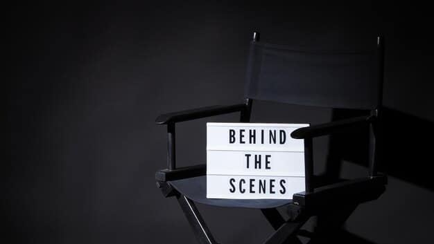Close-up shot of a director's chair on a movie set, with the franchise logo faintly visible on the back. The scene is dimly lit, creating an air of mystery.