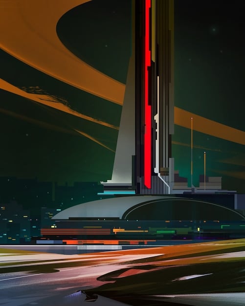 A concept art piece showing a futuristic cityscape, with subtle design elements hinting at the franchise being rebooted. The color palette is vibrant and modern.