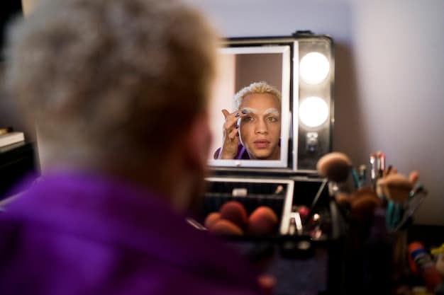 A behind-the-scenes photo of the lead actress during a makeup test, showing the transformation from her everyday appearance to her character's intense and mysterious look. The makeup artist is applying subtle but crucial details.