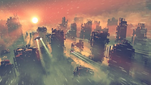 A wide shot of a sprawling city in the animated feature, showcasing the diverse architecture, bustling streets, and dynamic weather effects. The city looks both fantastical and realistic.