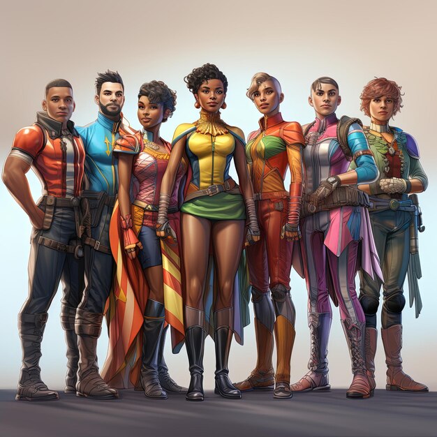 A concept art piece depicting a diverse group of original superhero characters, each with unique and visually distinct powers, standing together against a backdrop of a futuristic city. The image is vibrant and emphasizes the potential for new stories and characters.