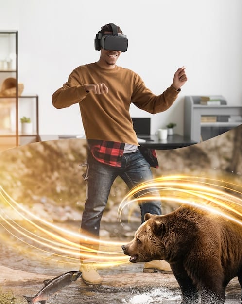 A person wearing a VR headset and interacting with a virtual environment, symbolizing the immersive experience of VR filmmaking.