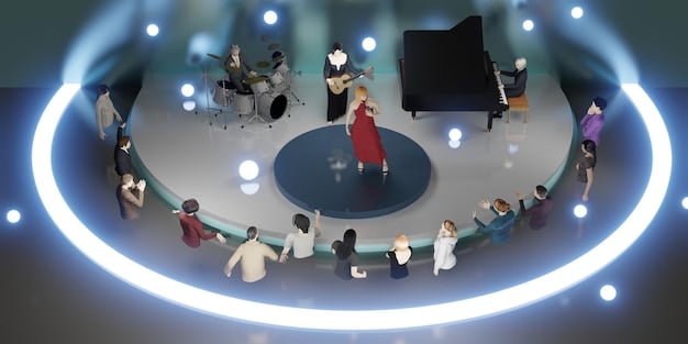 A wide shot of a debate stage from an elevated angle, showing the candidates, moderator, and a small, well-behaved audience.