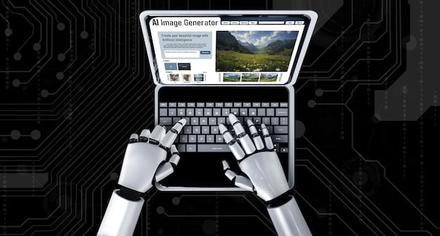 A depiction of a robot typing on a keyboard, with news headlines visible on a nearby screen. The composition is designed to illustrate the use of AI in creating news content, emphasizing both the efficiency and the potential challenges involved in AI-driven journalism.