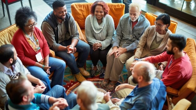 A diverse group of people of different ages and ethnicities, all sitting comfortably in their living rooms, each watching news content on their streaming devices – laptops, tablets, and smart TVs. The atmosphere is relaxed and representative of modern home entertainment.