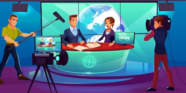 A newsroom scene with journalists reviewing content and discussing compliance with broadcast standards, highlighting the industry's efforts to self-regulate.