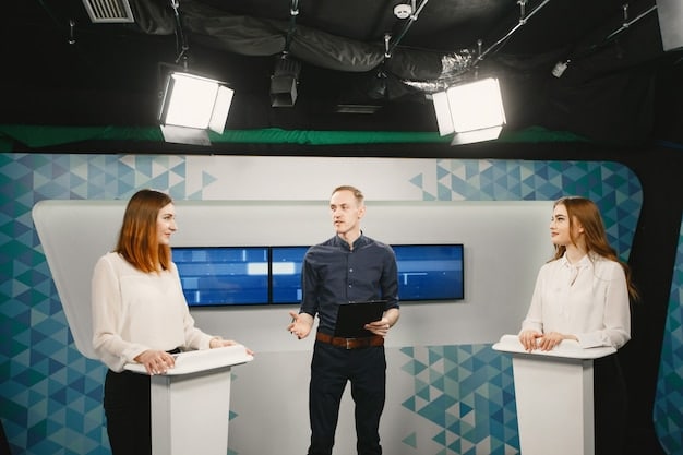 A newsroom scene with reporters working at computer screens and an anchor preparing for a broadcast in the background. Focus on the integration of digital tools and technology in the newsgathering and production processes.