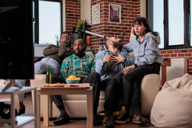 Three diverse people sitting on a couch, watching different streaming services on a large TV screen. The image represents the varied options and consumption habits of viewers.