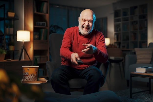 A senior man sitting in his favorite armchair, using voice commands to control his streaming device, with a focused expression on his face.