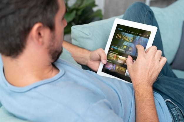 An image showing a person using a tablet with a streaming service app open. The focus is on the user's hands interacting with the screen, demonstrating the ease of use with accessibility features enabled.