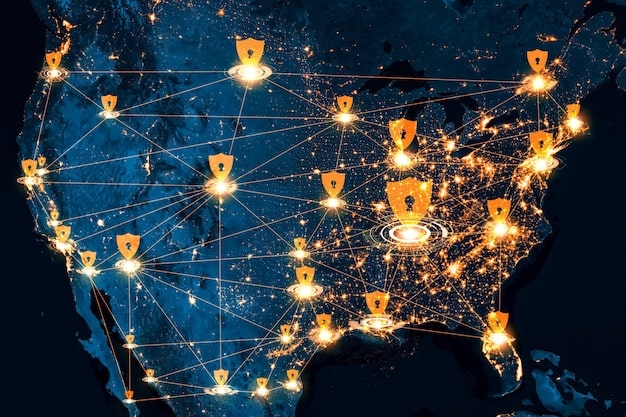 A world map with VPN server locations highlighted, showing connections originating from the US. It visually represents overcoming geographical restrictions.