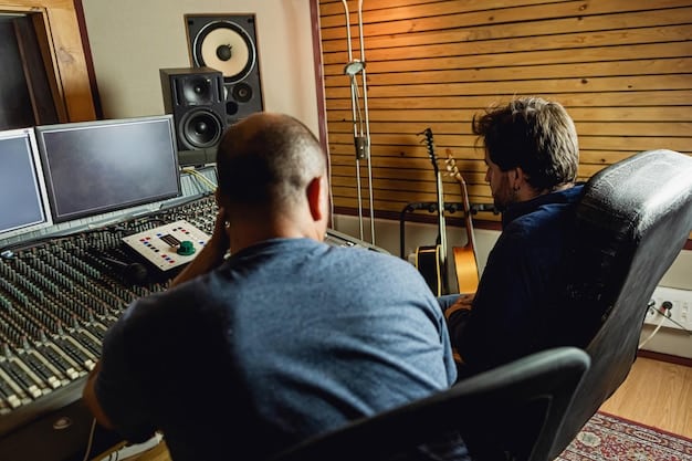 A director passionately explaining their artistic vision to a composer in a recording studio, with musical instruments and sound equipment visible in the background.
