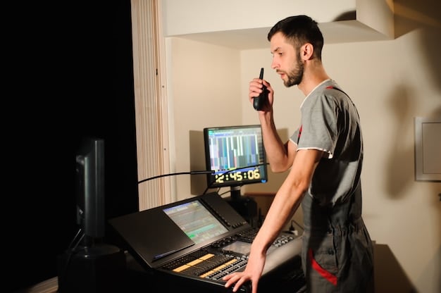 A sound engineer working at a mixing console in a high-end studio, carefully adjusting levels and effects to create the perfect soundscape for a film.