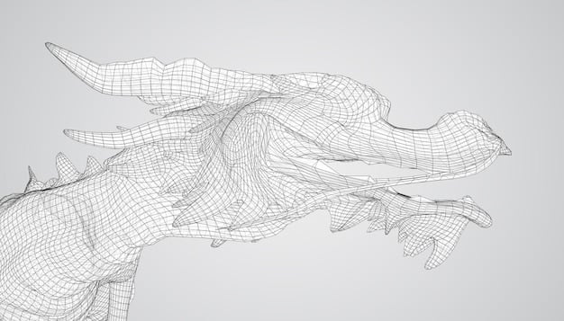 A detailed wireframe model of a dragon being animated for a fantasy series finale, highlighting the intricate details required for realistic CGI.