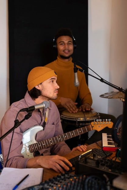 A diverse group of musicians collaborating in the studio, with instruments and microphones surrounding them. The atmosphere is collaborative and creative.