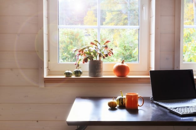 A bright and airy home office with a large window overlooking a garden. The desk is clean and organized, with a laptop, a notebook, and a cup of coffee. The overall feel is calm and inspiring.