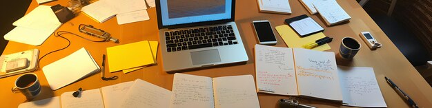 A screenwriting team gathered around a table, brainstorming ideas for a television series finale, with scripts, notebooks, and laptops scattered across the surface.