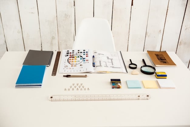A set designer's workbench cluttered with sketches, blueprints, fabric samples, and miniature models of set designs. The image showcases the blend of artistic and technical skills required for the job.