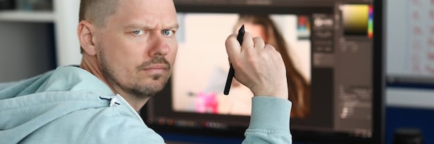 Close-up shot of a director in the editing room, meticulously reviewing a scene with a focused expression on their face.