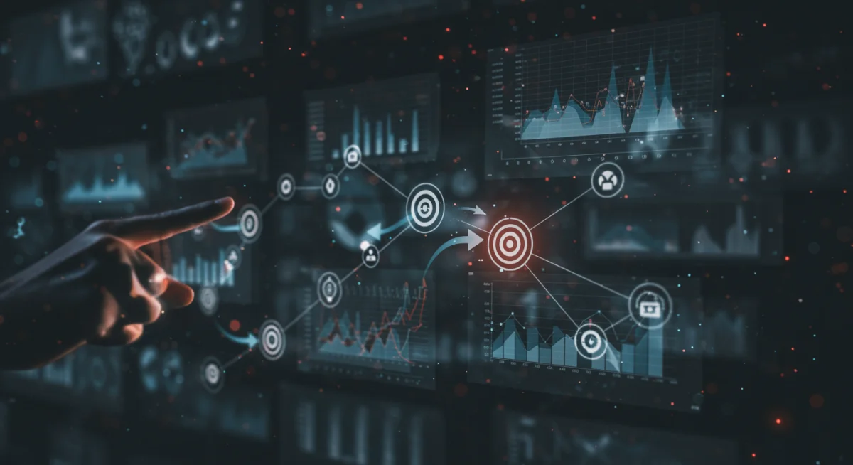 Complex data visualization showing interconnected analytics for advertising optimization.