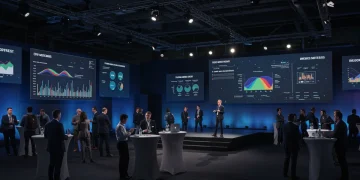 Professionals analyzing advertising data on screens at a media upfronts event.