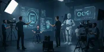 Futuristic film set with AI technology optimizing production workflows and budgets.