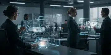 AI in National News: Q3 2026 Efficiency Gains Explored AI-powered newsroom with journalists and advanced tech interfaces