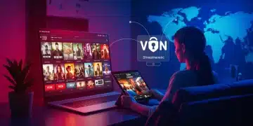 Futuristic interface showing Netflix content accessible globally via VPN