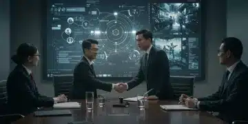 Executives shaking hands over merger documents, symbolizing major studio deals and future film production strategies.