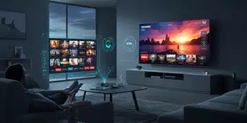 Futuristic living room with advanced streaming interface on TV, smart lighting, and a person using a minimalist remote.