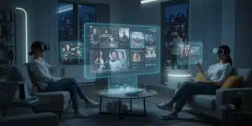 Futuristic living room with VR headsets and holographic streaming content