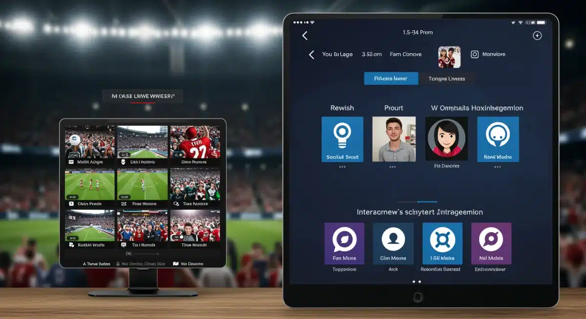 Split-screen tablet showing multi-angle sports and interactive fan polls for real-time engagement.