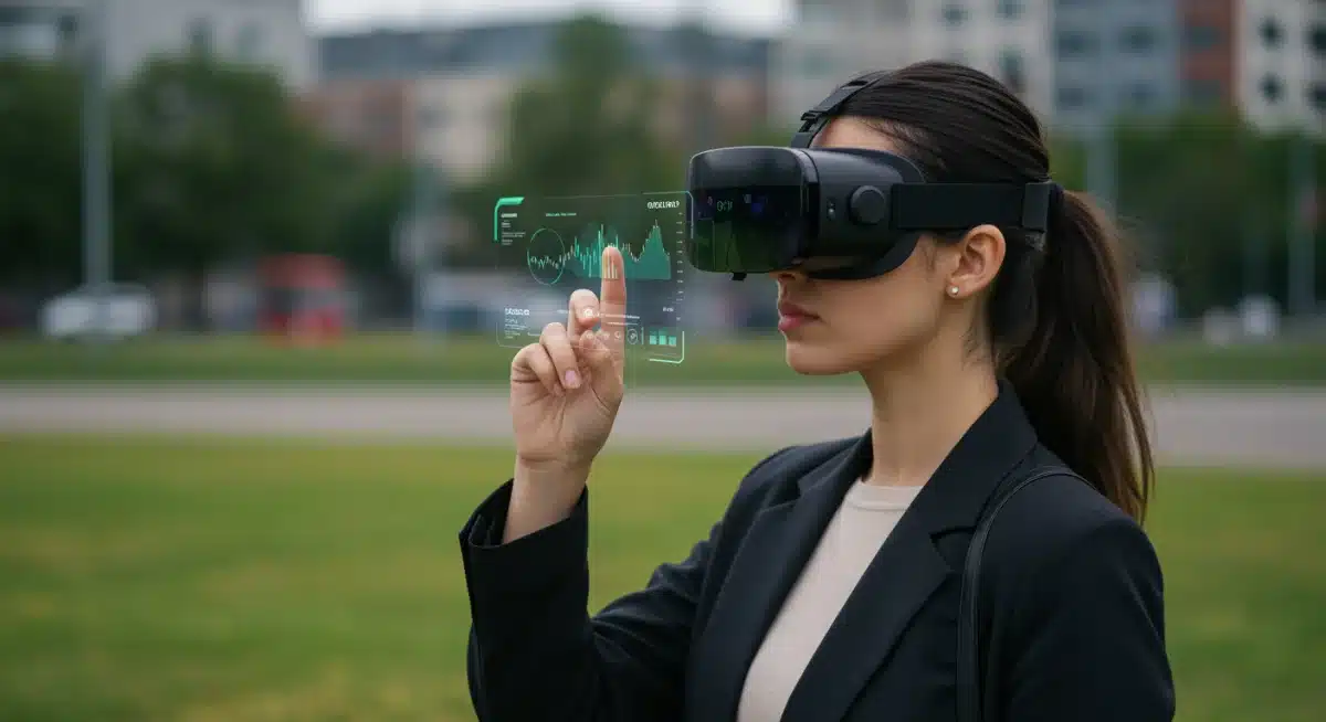 Journalist with AR headset using AI for real-time data overlay in live news reporting.