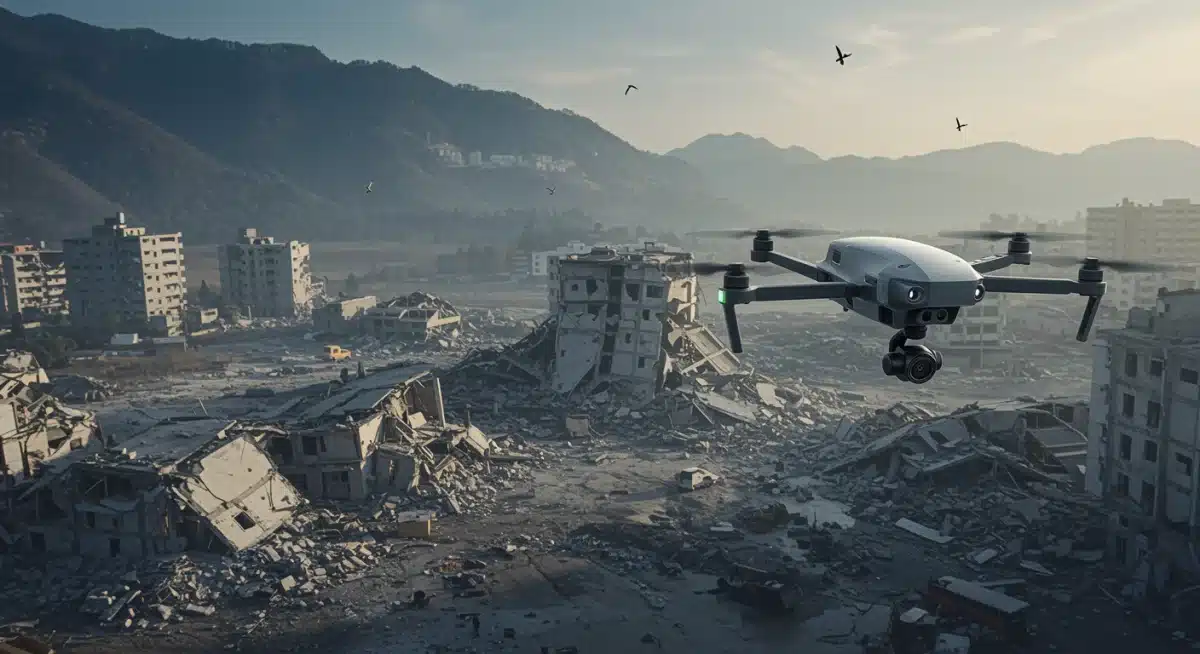 Advanced drone broadcasting live HD footage from disaster zone for immediate news coverage.