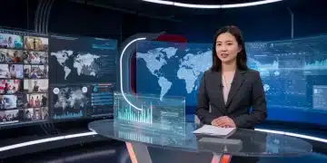 Futuristic news studio with anchor and holographic displays showcasing live news tech innovations in 2026.