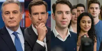 Four prominent news anchors nearing retirement with a dynamic background of emerging journalists.