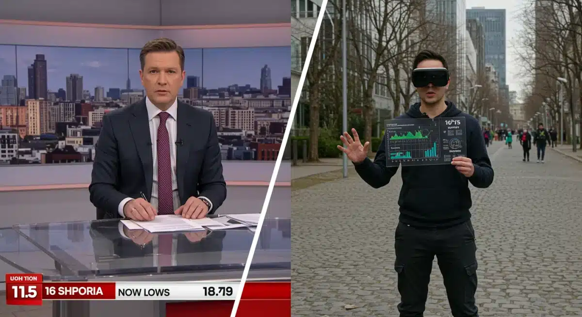 Split screen showing traditional and innovative news program formats side-by-side.