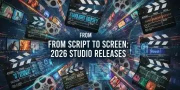Dynamic montage illustrating the 2026 studio releases timeline, from script to final screen.